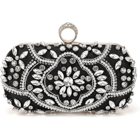 🆕Women Black Beaded Polyester Evening Bag Rhinestone Clutch Shoulder Handbag - Picture 1 of 7